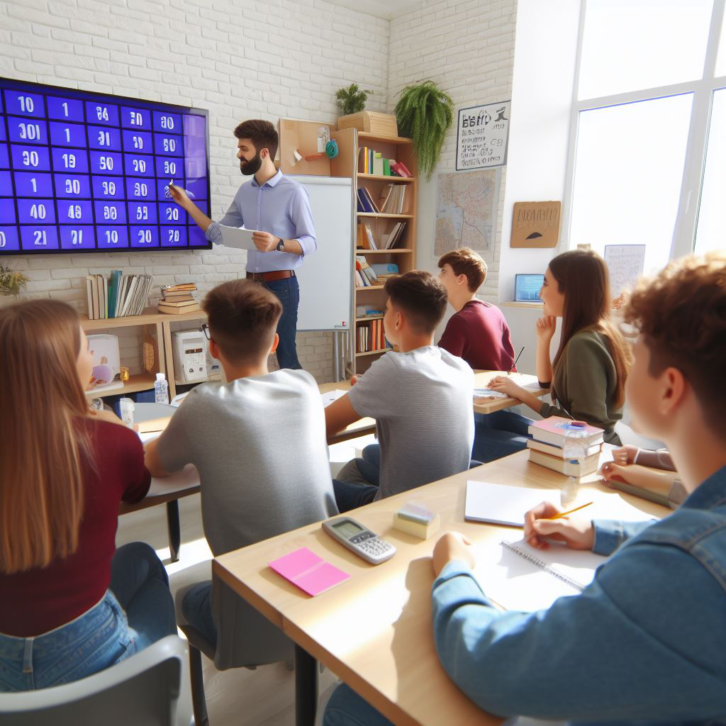 Aula con estudianes poniendo atención en el aula mientras el profesor da click en la pantalla aplicando elementos de gamificación para el aprendizaje en el salón de clase